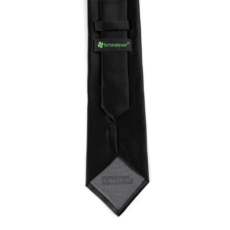 fortunatever Men's Handmade Satin Extra Long Necktie,Black Solid Tie With Pocket Square+Gift Box - Image 2